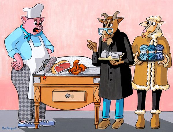 Le Cochon, la Chèvre et le Mouton - huile sur toile - 80 x 60 cm - livre huitième, fable 12